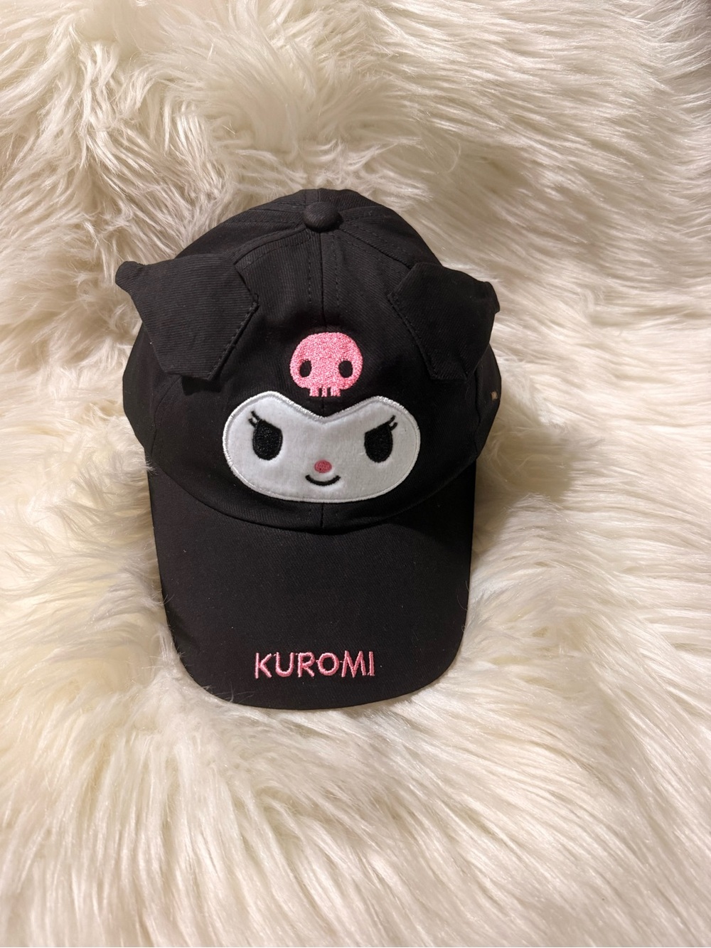 Kuromi Black Kids Hat with Pink Embroidered Accents